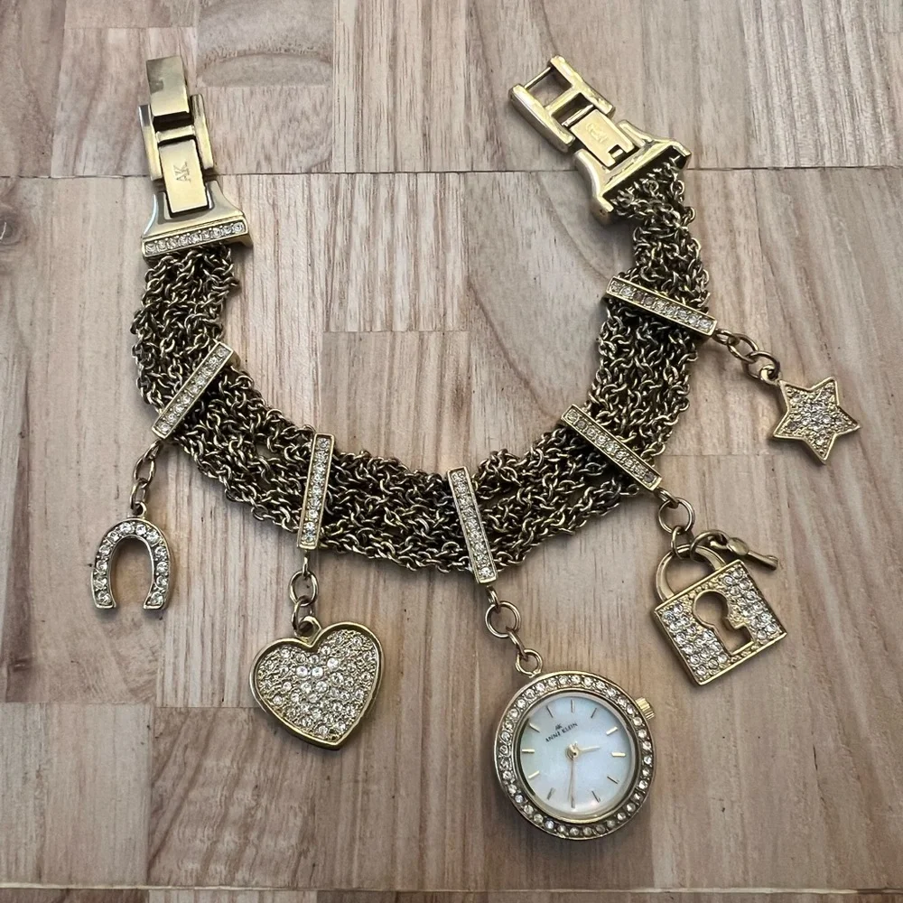 Anne Klein Gold Tone & Rhinestones Charm Bracelet bling watch NEW BATTERY